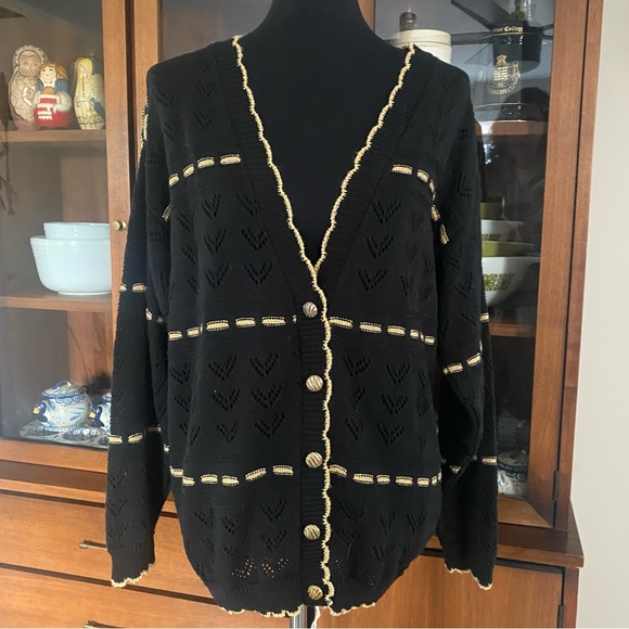 Vintage Black & Metallic Gold Blair Boutique Button Down Oversized Cardigan - Picture 1 of 5